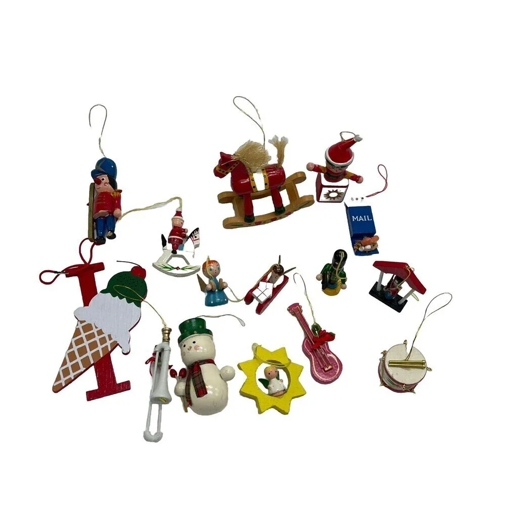 Lot 15 Christmas Ornaments Wood Vintage Mini Wooden Painted Angel Drum Snowman